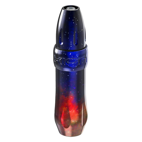 Xion Pen Nebula con diseño de galaxia rojo-azul sobre fondo blanco