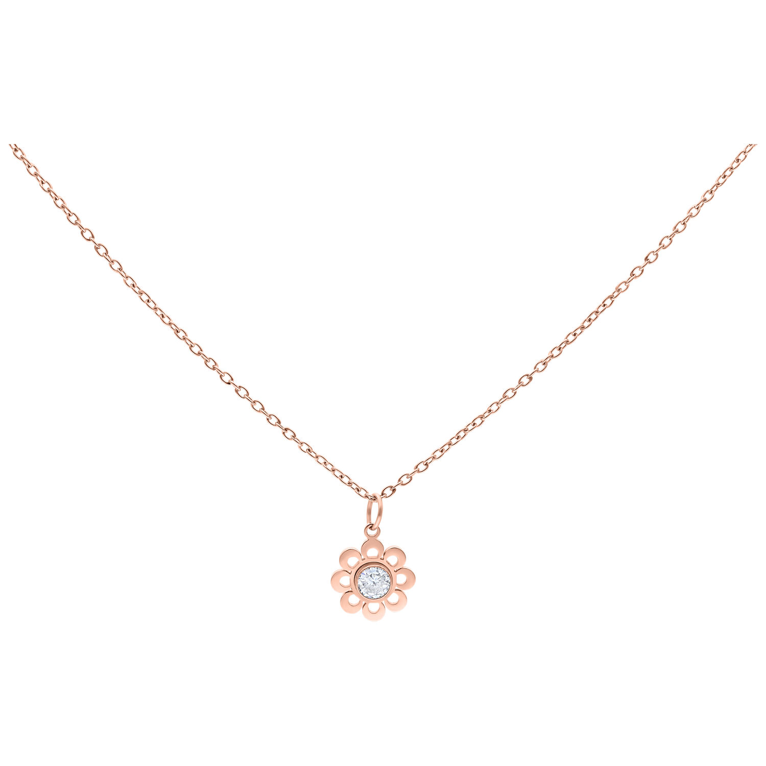 Roségoldene Kette mit Blütenanhänger und klarem Kristall auf weißem Hintergrund