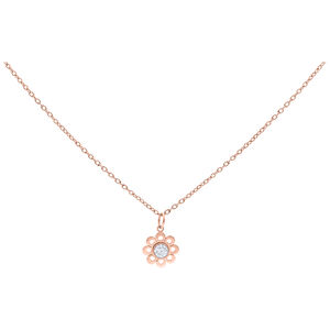 Roségoldene Kette mit Blütenanhänger und klarem Kristall auf weißem Hintergrund