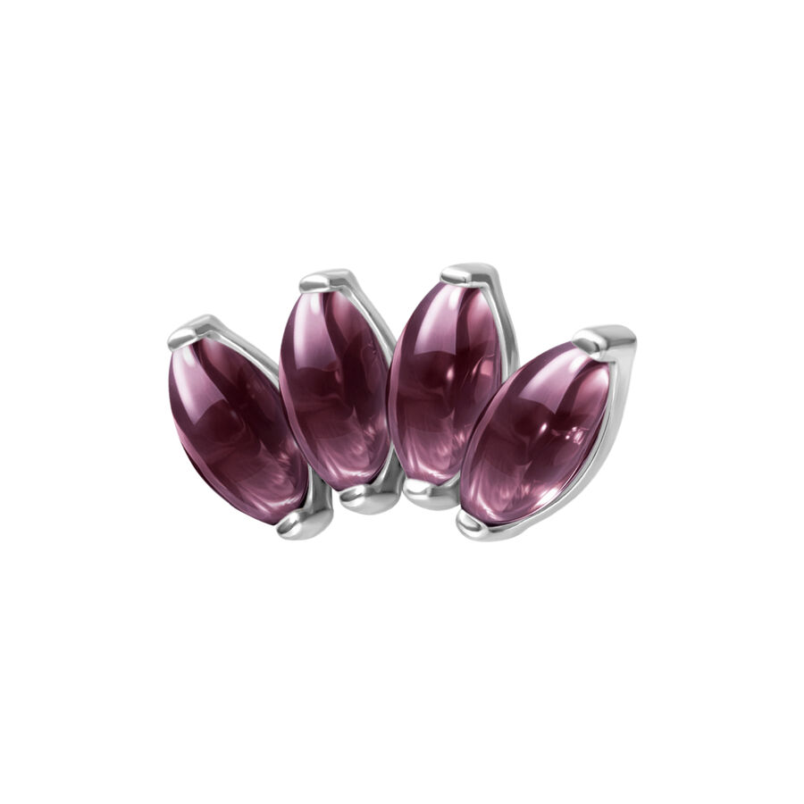 Vier silberne Aufsätze mit lila Amethysten auf weißem Hintergrund