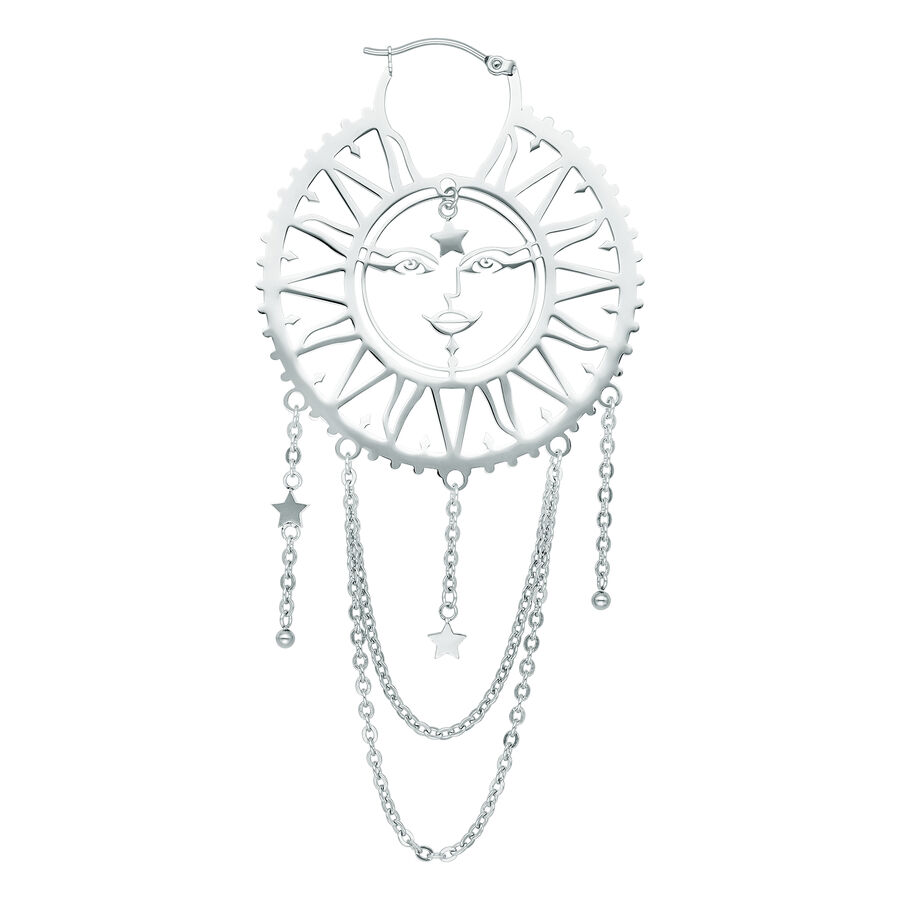Aros Oldschool Sol Luna en plata con diseño de sol y luna sobre fondo blanco